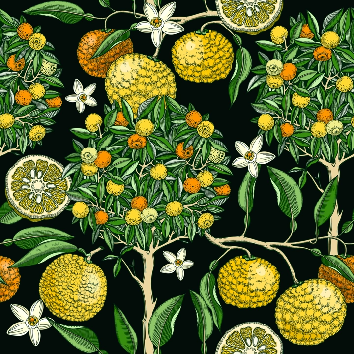 Hand-drawn yuzu tree background design in color. Vintage citrus branches, flowers, leaves whole fruit, cut half-piece sketches. Seamless healthy food pattern. Exotic plant illustration for print